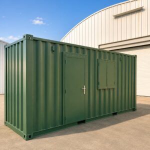 Example of a Green Converted Shipping Container with Lathams Door and Window Shutter