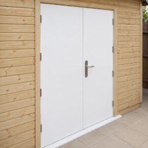 Double personal access door installed in wooden clad building