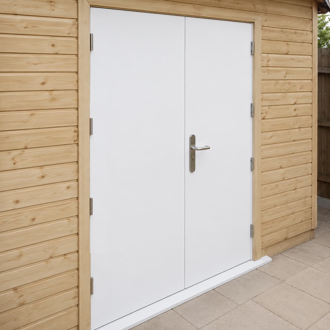 Double personal access door installed in wooden clad building
