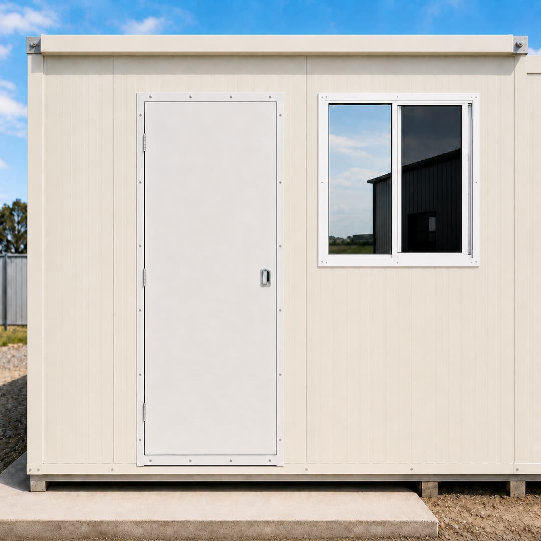 Container on contruction site with heavy duty container doors