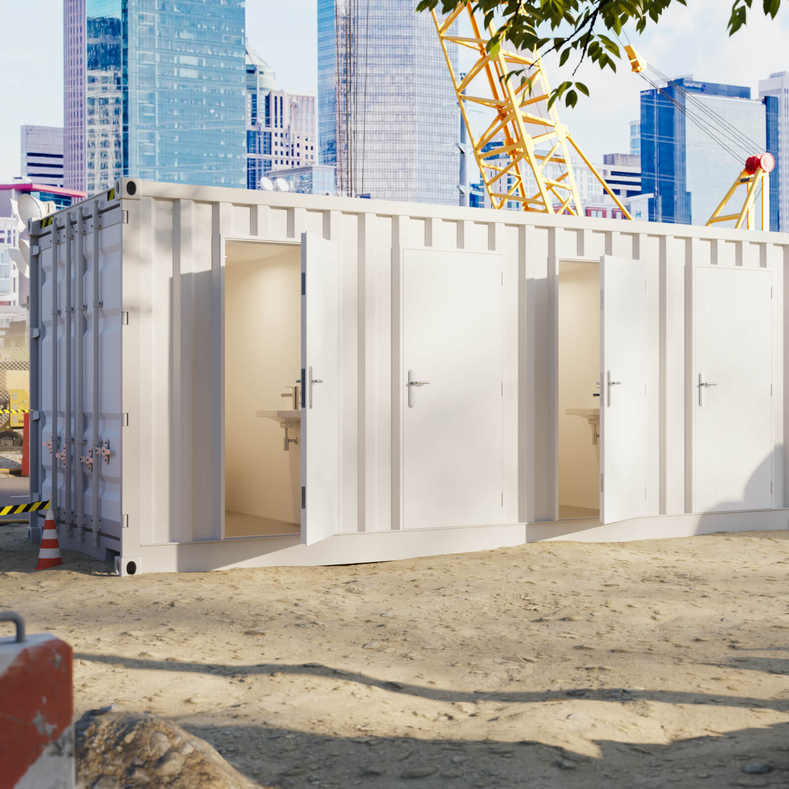 Container on contruction site with heavy duty container doors