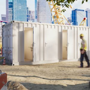Contruction site container with heavy duty container doors