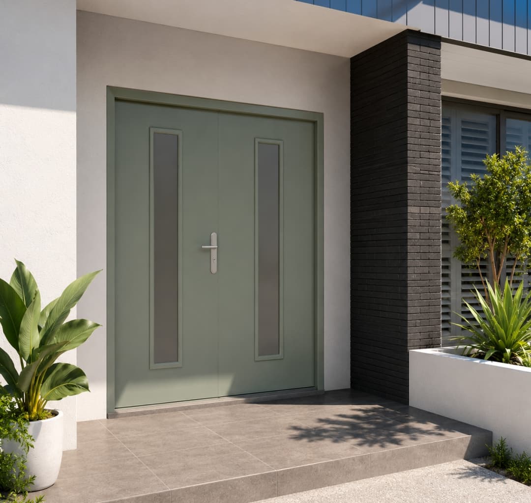 Double Security Front Door & Frame Cottage Green Glazed Install Example