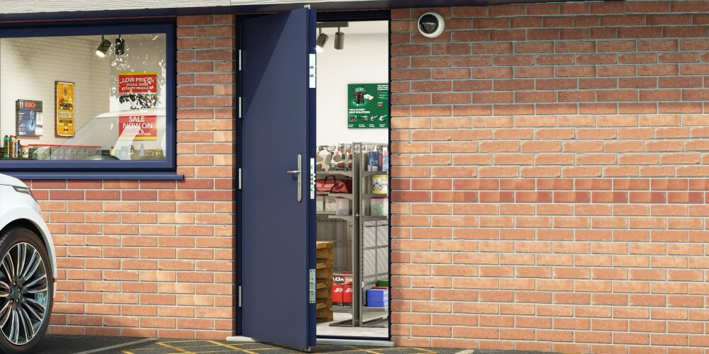 Container on contruction site with heavy duty container doors
