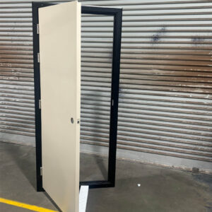 CLEARANCE Shed & Donga Door - 4-SIDED FLANGE - 890 x 2095 - BLANK DONGA PERSONNEL - LHO - PAPERBARK DOOR & BLACK FRAME & TRIMS - DORMAKABA LEVER HANDLE