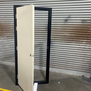 CLEARANCE Shed & Donga Door - 4-SIDED FLANGE - 890 x 2095 - BLANK DONGA PERSONNEL - LHO - PAPERBARK DOOR & BLACK FRAME & TRIMS - DORMAKABA LEVER HANDLE