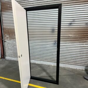 CLEARANCE Shed & Donga Door - 4-Sided Flange Donga Door - 890 x 2095 - BLANK -DONGA - PERSONNEL - LHO - PAPERBARK DOOR & BLACK FRAME & TRIMS - DORMAKABA LEVER HANDLE