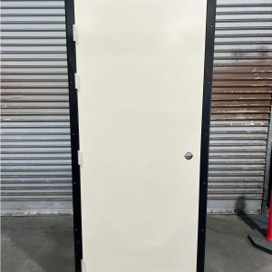CLEARANCE Shed & Donga Door - 4-Sided Flange Donga Door - 890 x 2095 - BLANK -DONGA - PERSONNEL - LHO - PAPERBARK DOOR & BLACK FRAME & TRIMS - DORMAKABA LEVER HANDLE