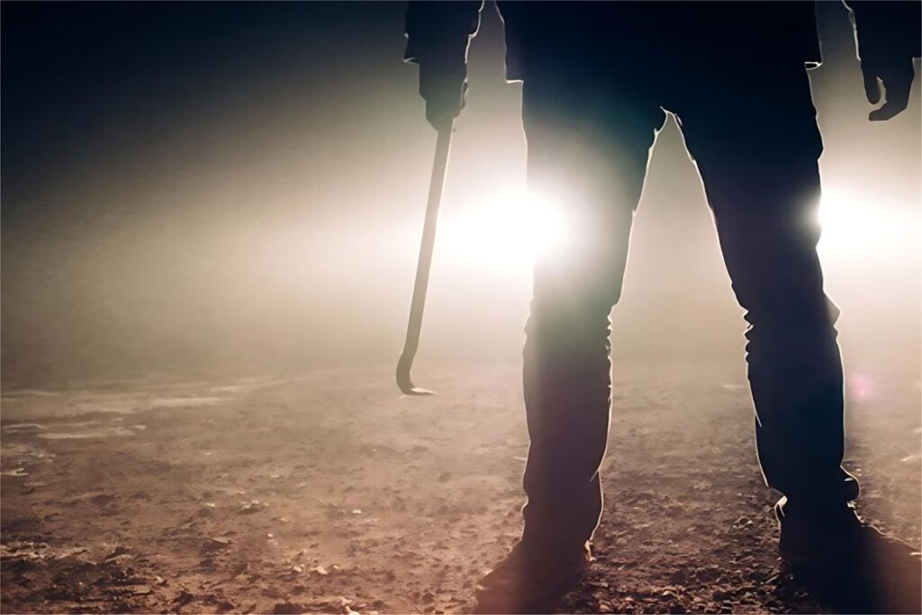 Intruder holding a crowbar approaching in the dark – exactly the threat a steel security door is built to stop