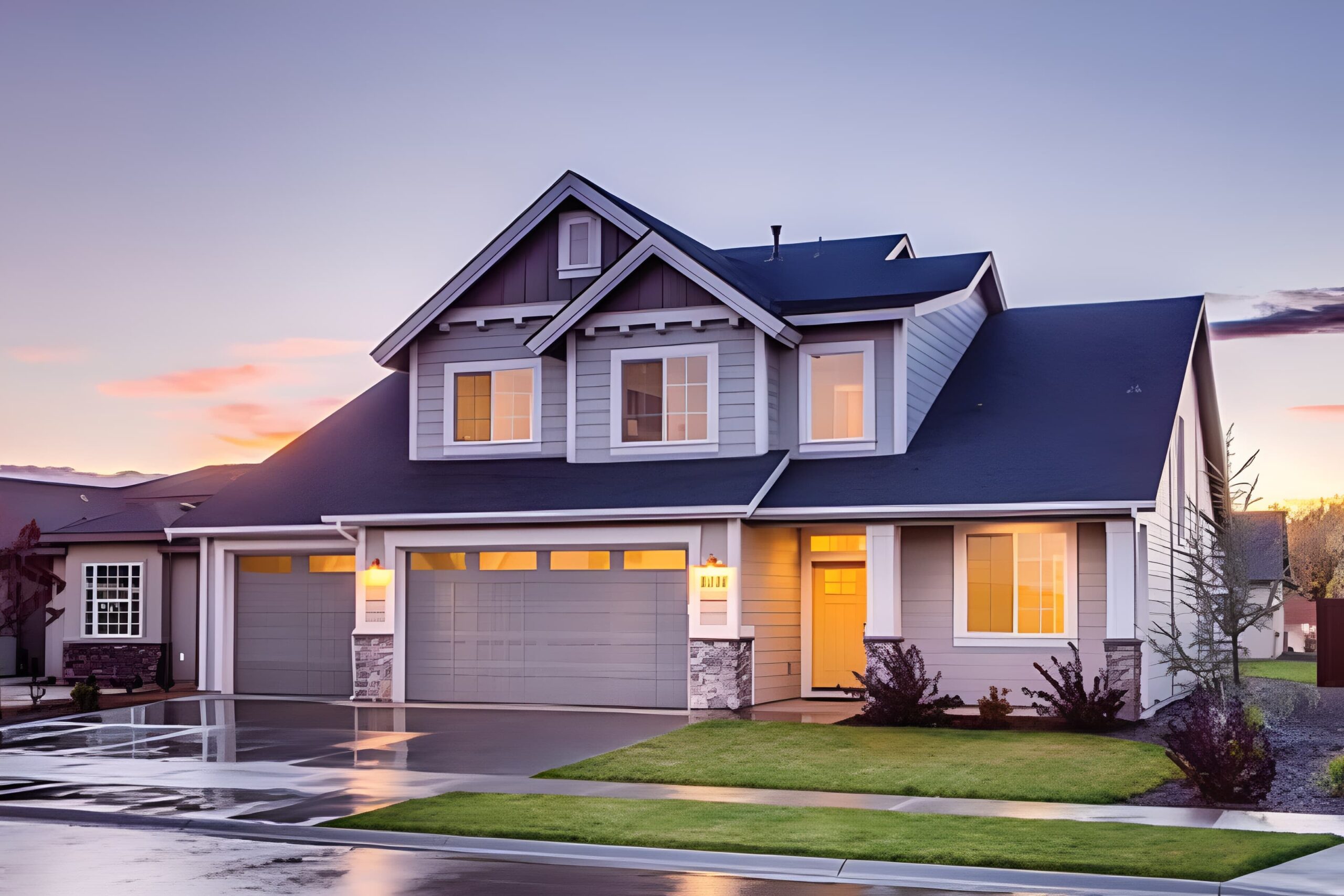 Modern two-storey suburban house with lights on at dusk.
